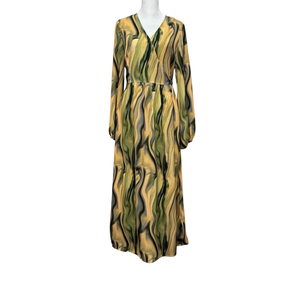 & Other Stories Green and Yellow Long Sleeve Wrap Maxi Dress